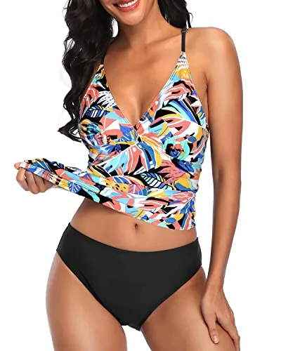 Ruched Panel Adjustable Shoulder Tankini Top Bathing Suits-Colorful Leaves