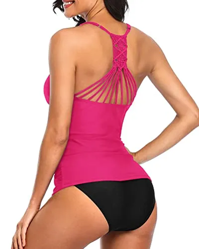 Ruched Panel Hourglass Or Pear Shape Tankini Top Bathing Suits-Neon Pink And Black