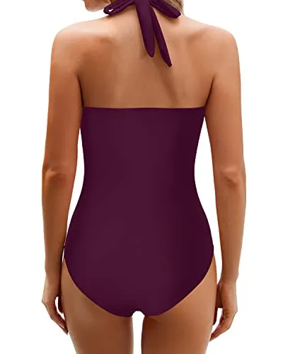 Ruched Shaping Design Halter Backless Bathing Suits For Women-Maroon