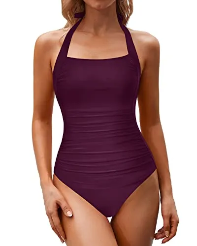 Ruched Shaping Design Halter Backless Bathing Suits For Women-Maroon