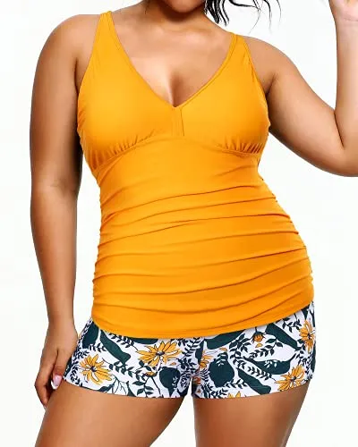 Ruched Tummy Control Plus Size Tankini Two Piece Swimsuits Shorts-Yellow Floral