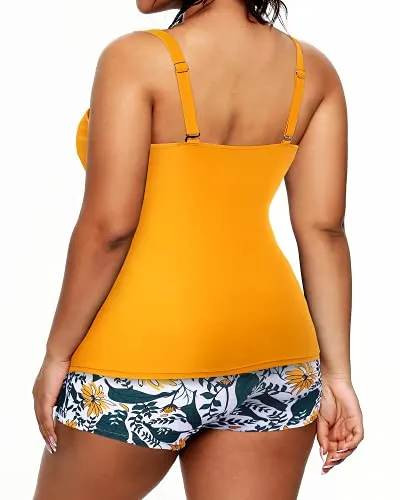 Ruched Tummy Control Plus Size Tankini Two Piece Swimsuits Shorts-Yellow Floral
