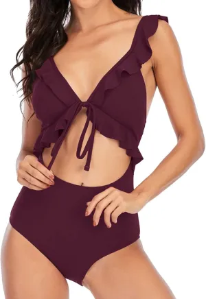 Ruffle Flounce One Piece Swimsuits for Women Cutout V Neck Backless Tie Back Bathing Suit High Waisted Padded Swimwear
