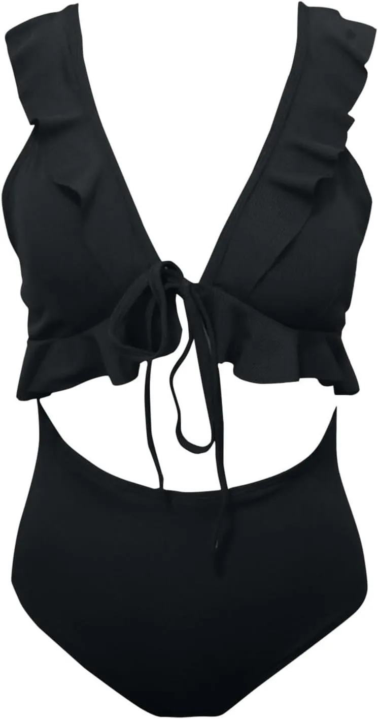Ruffle Flounce One Piece Swimsuits for Women Cutout V Neck Backless Tie Back Bathing Suit High Waisted Padded Swimwear