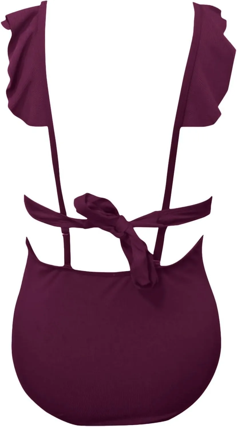 Ruffle Flounce One Piece Swimsuits for Women Cutout V Neck Backless Tie Back Bathing Suit High Waisted Padded Swimwear