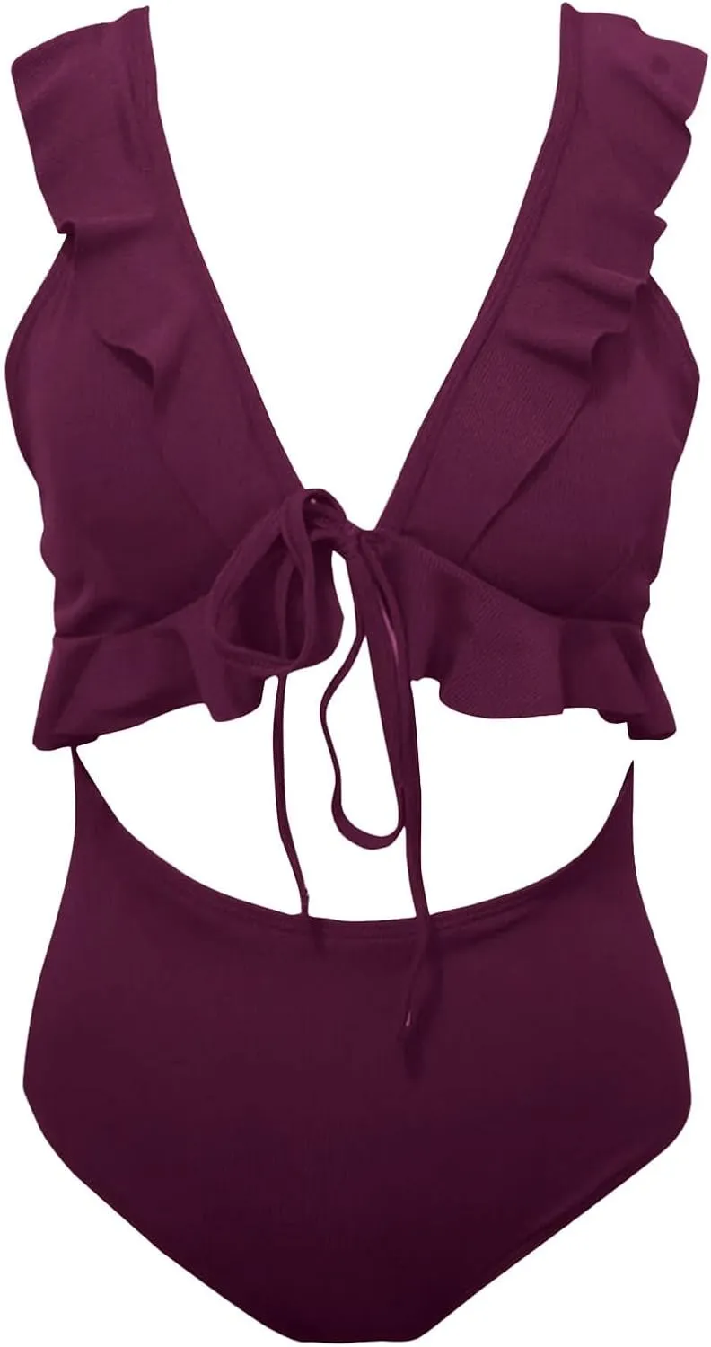 Ruffle Flounce One Piece Swimsuits for Women Cutout V Neck Backless Tie Back Bathing Suit High Waisted Padded Swimwear