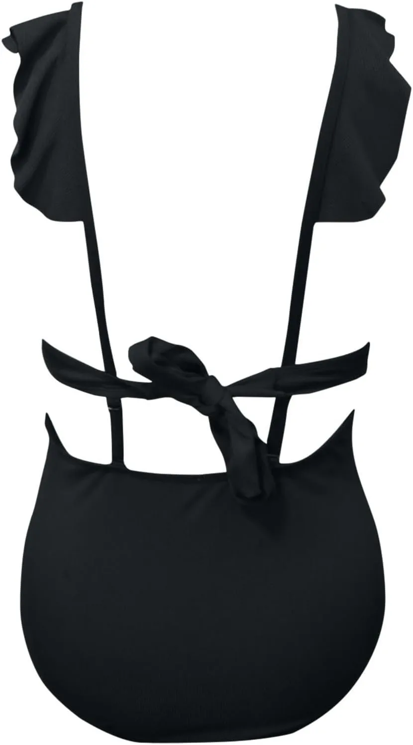Ruffle Flounce One Piece Swimsuits for Women Cutout V Neck Backless Tie Back Bathing Suit High Waisted Padded Swimwear