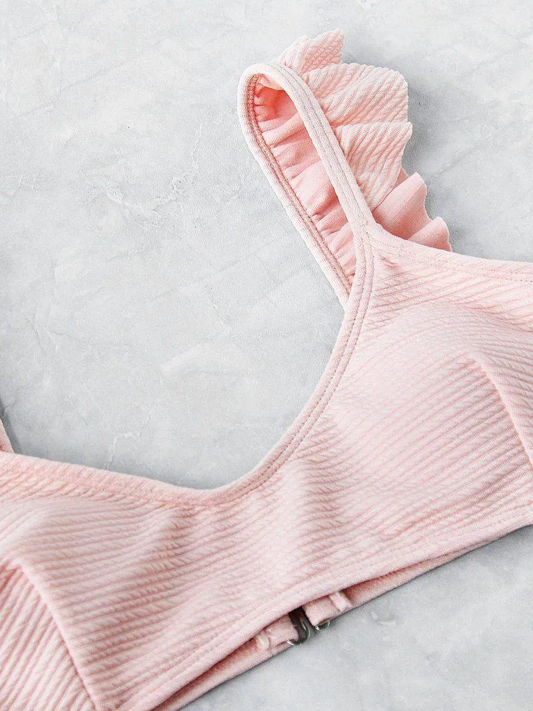 Ruffle Strap Textured Bikini Set
