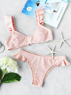 Ruffle Strap Textured Bikini Set