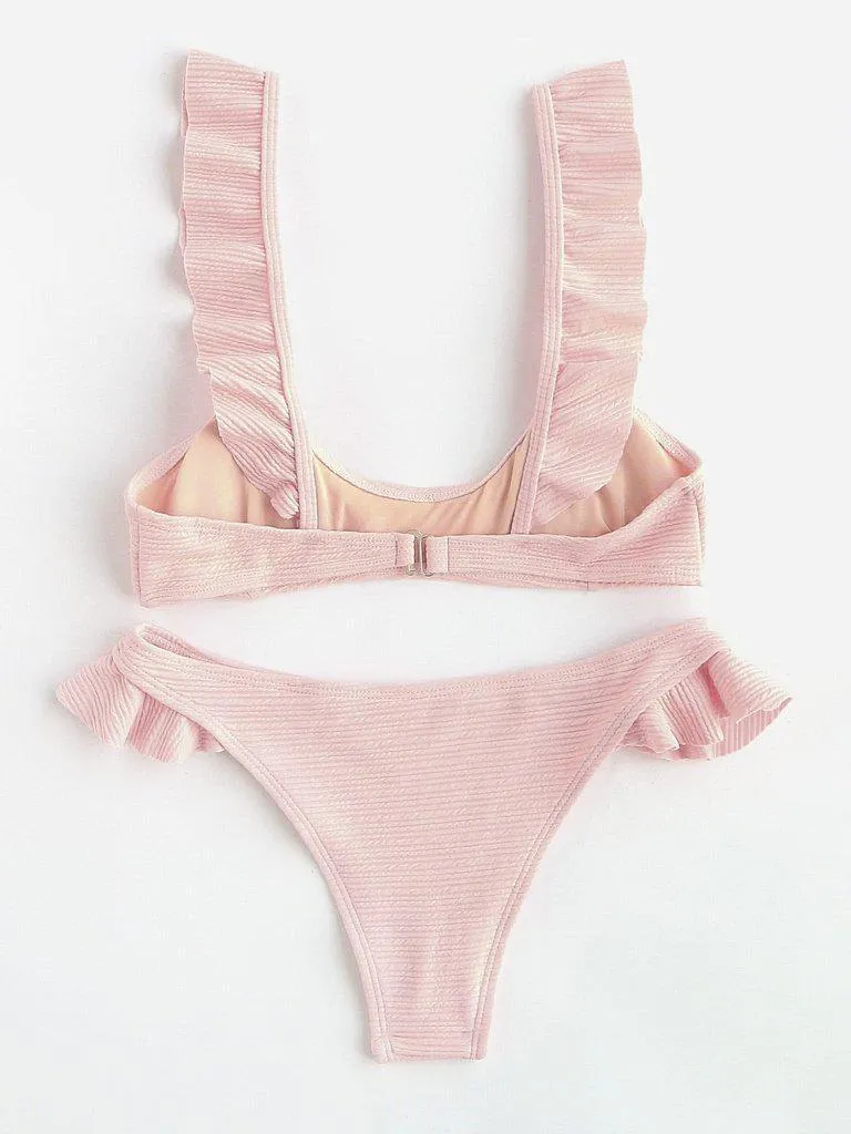 Ruffle Strap Textured Bikini Set
