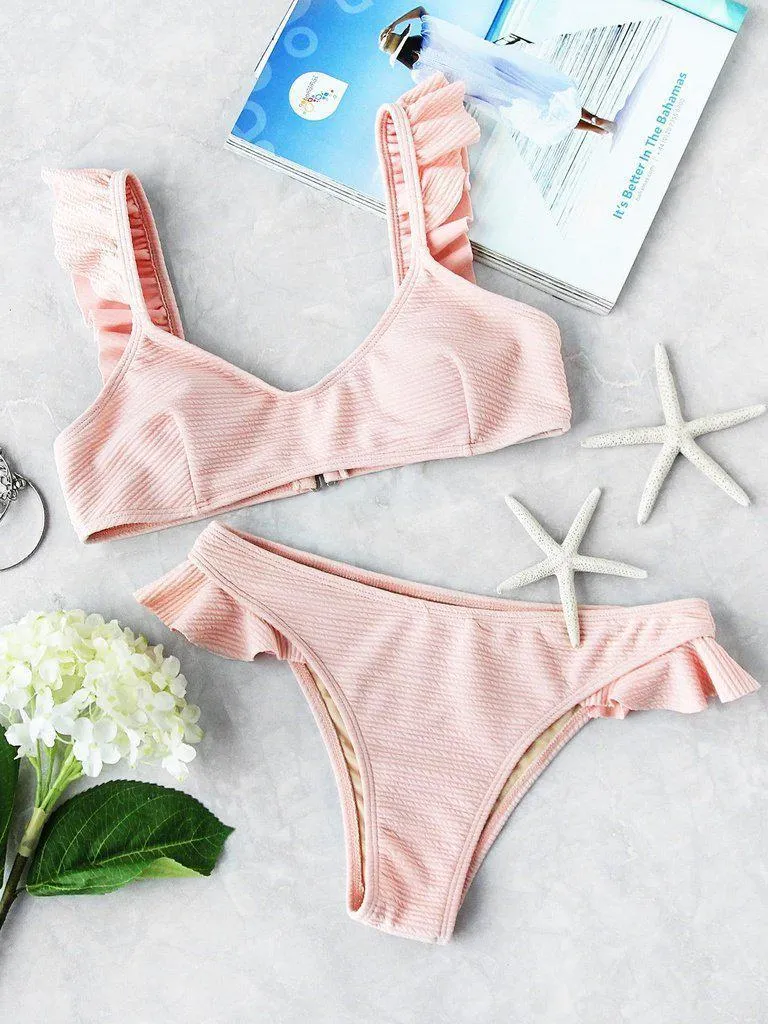 Ruffle Strap Textured Bikini Set