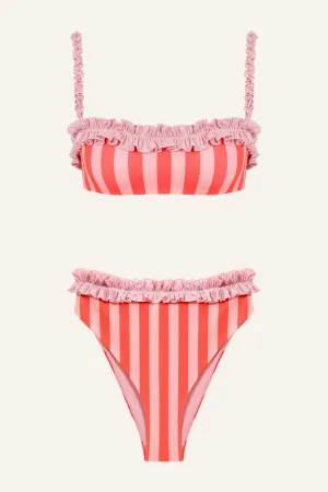 RUFFLED STRIPED STRAPLESS BIKINI