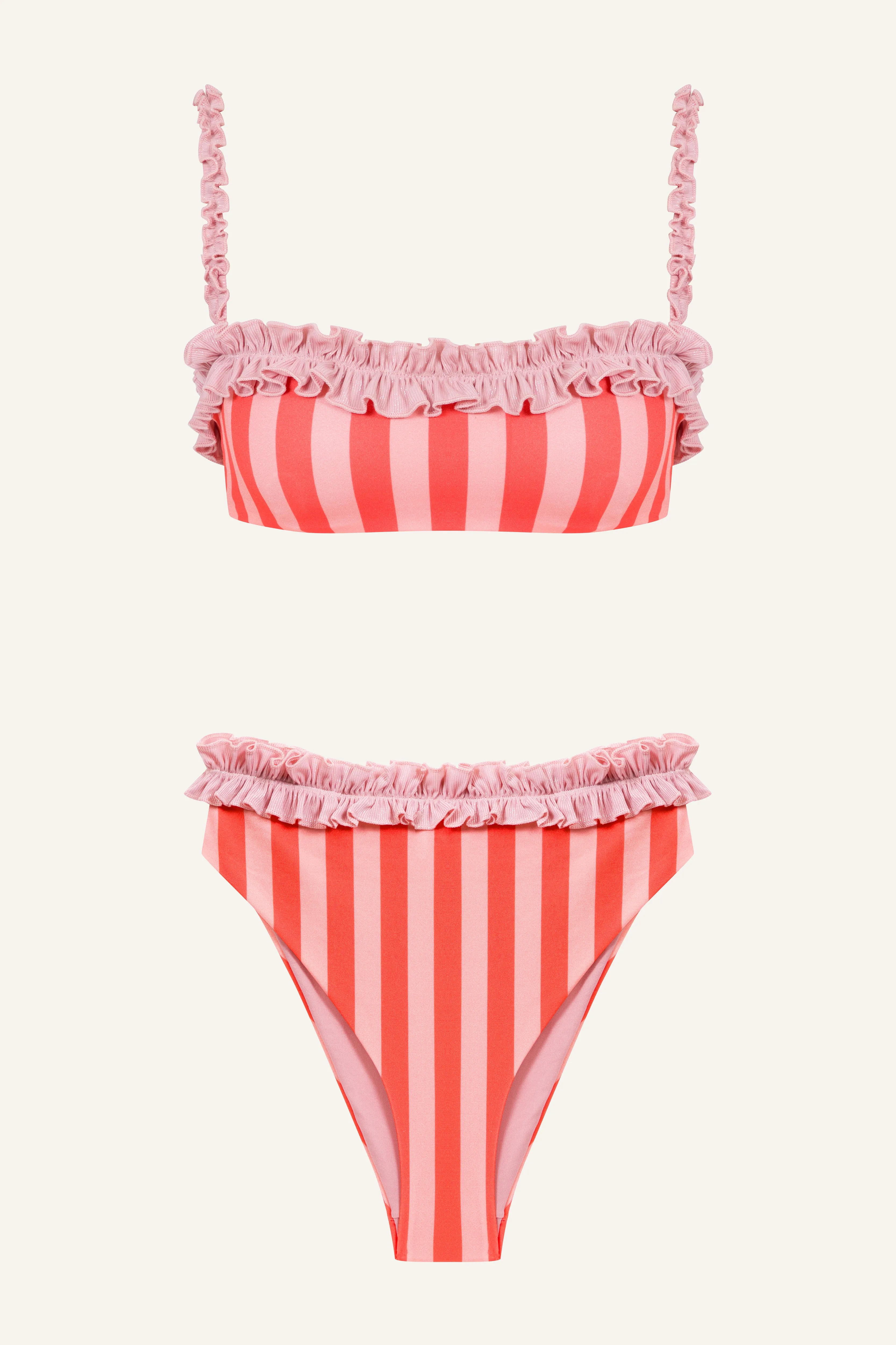 RUFFLED STRIPED STRAPLESS BIKINI