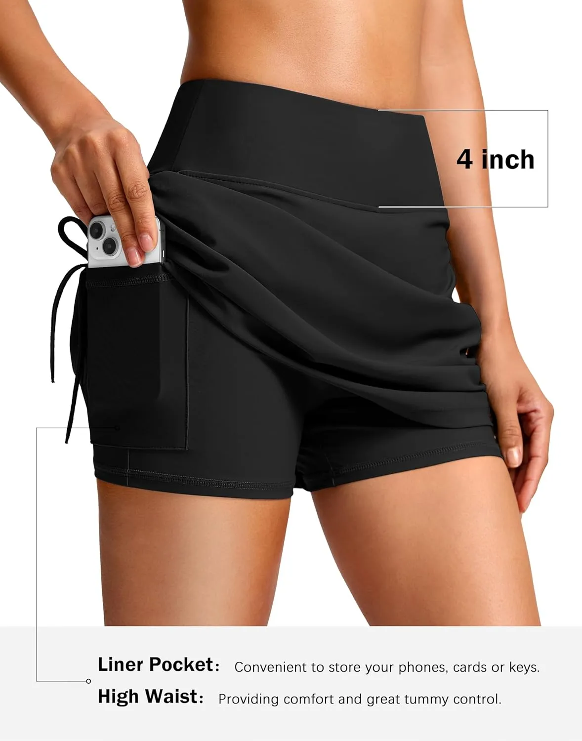 SANTINY Women's High Waisted Swim Skirt Pocket Tummy Control Adjustable Side Drawstring Swimsuit Skirt Bathing Suit Bottoms