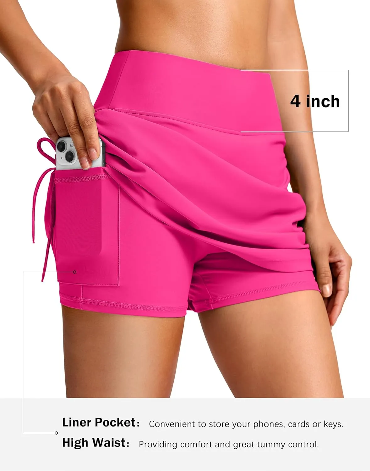 SANTINY Women's High Waisted Swim Skirt Pocket Tummy Control Adjustable Side Drawstring Swimsuit Skirt Bathing Suit Bottoms