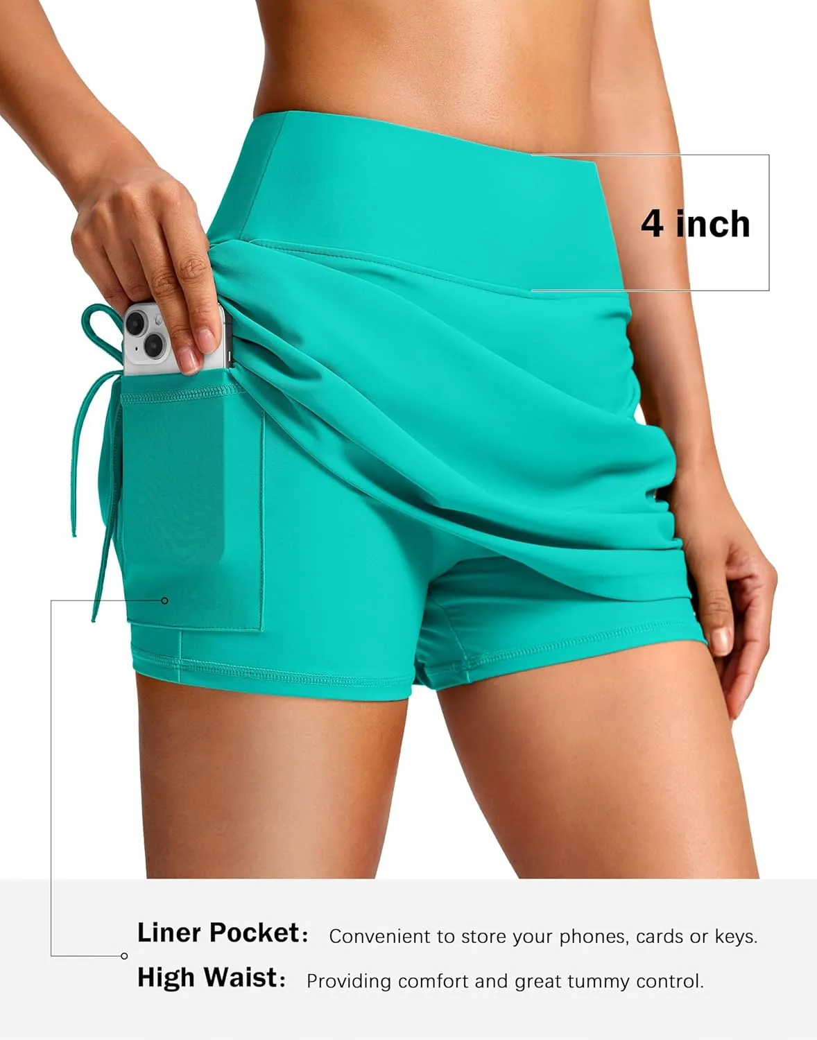 SANTINY Women's High Waisted Swim Skirt Pocket Tummy Control Adjustable Side Drawstring Swimsuit Skirt Bathing Suit Bottoms