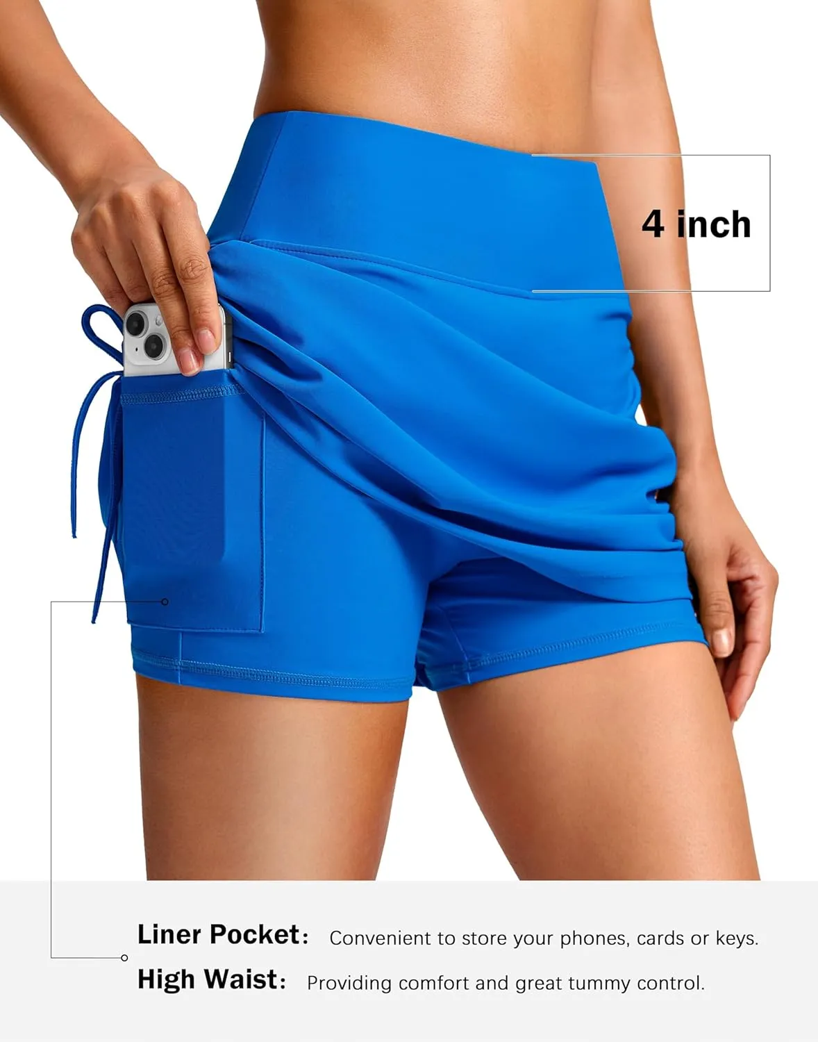 SANTINY Women's High Waisted Swim Skirt Pocket Tummy Control Adjustable Side Drawstring Swimsuit Skirt Bathing Suit Bottoms
