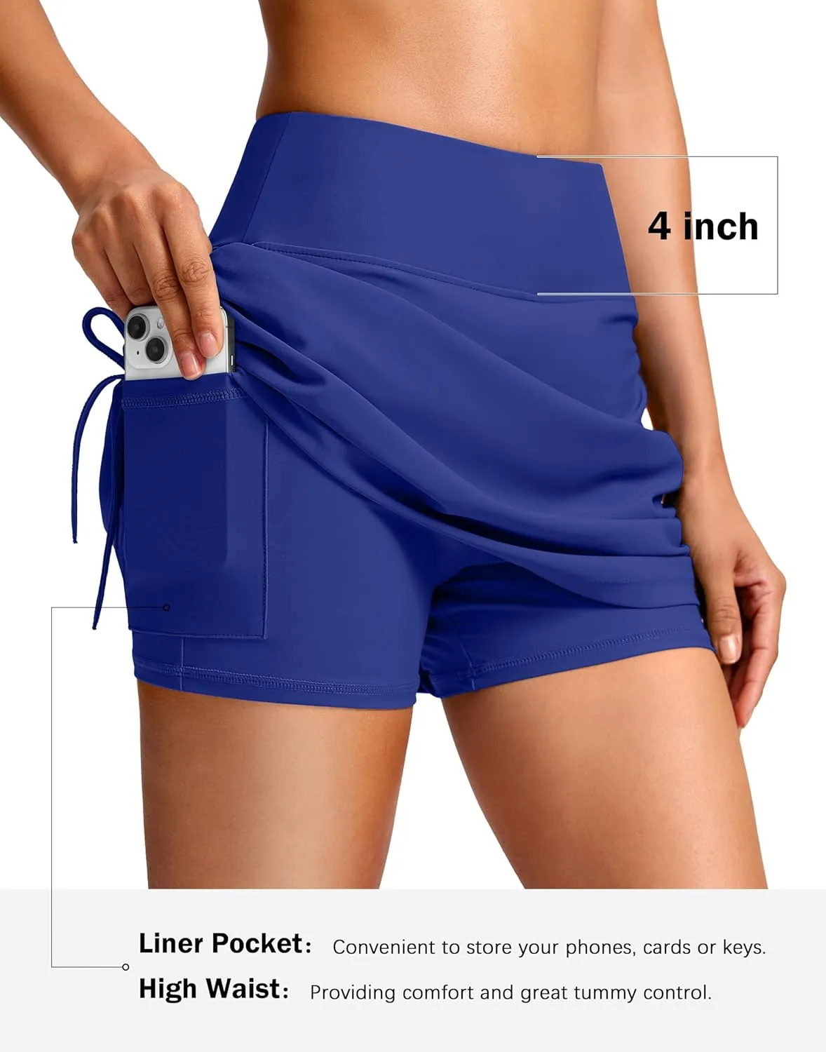 SANTINY Women's High Waisted Swim Skirt Pocket Tummy Control Adjustable Side Drawstring Swimsuit Skirt Bathing Suit Bottoms