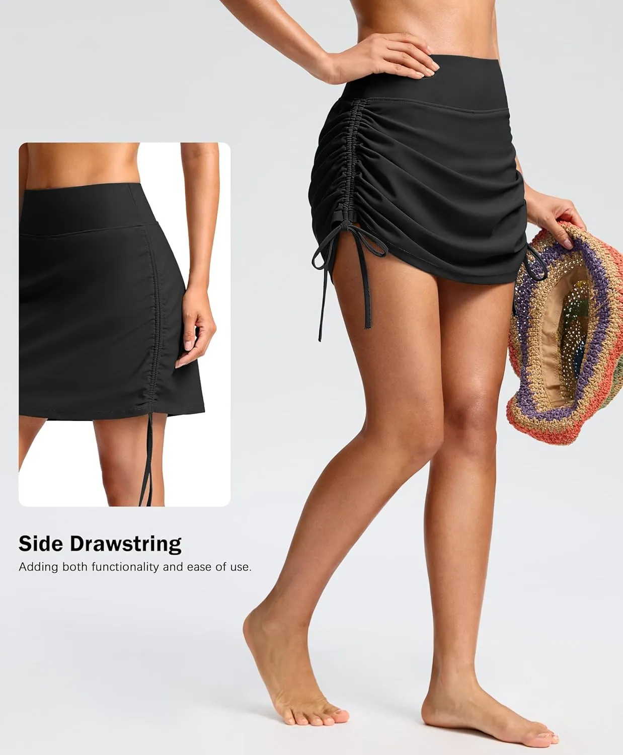 SANTINY Women's High Waisted Swim Skirt Pocket Tummy Control Adjustable Side Drawstring Swimsuit Skirt Bathing Suit Bottoms