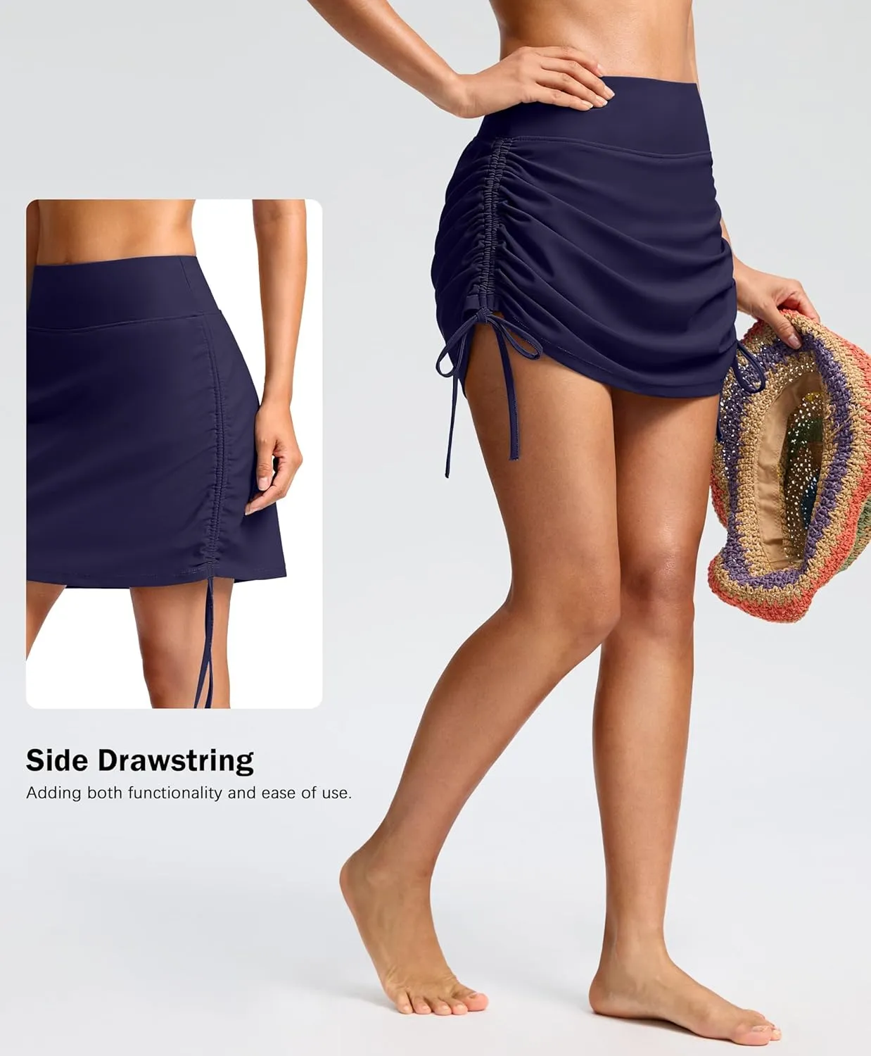 SANTINY Women's High Waisted Swim Skirt Pocket Tummy Control Adjustable Side Drawstring Swimsuit Skirt Bathing Suit Bottoms