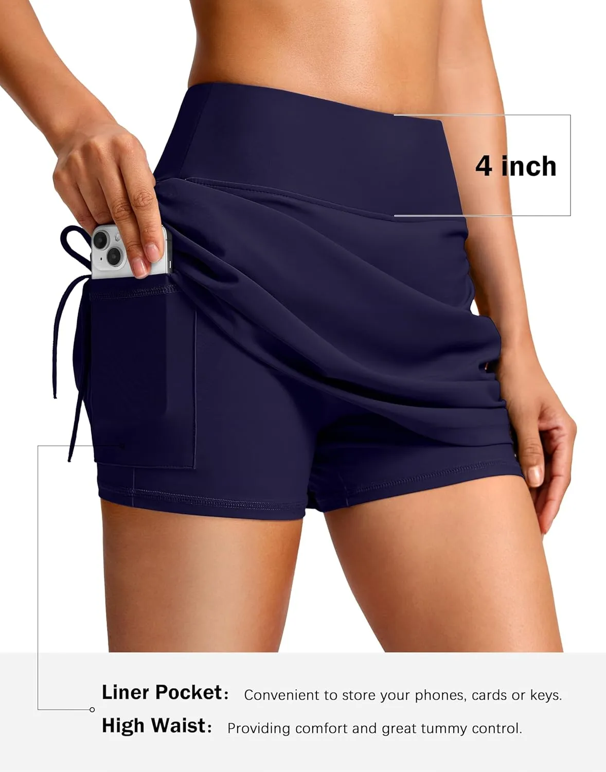 SANTINY Women's High Waisted Swim Skirt Pocket Tummy Control Adjustable Side Drawstring Swimsuit Skirt Bathing Suit Bottoms
