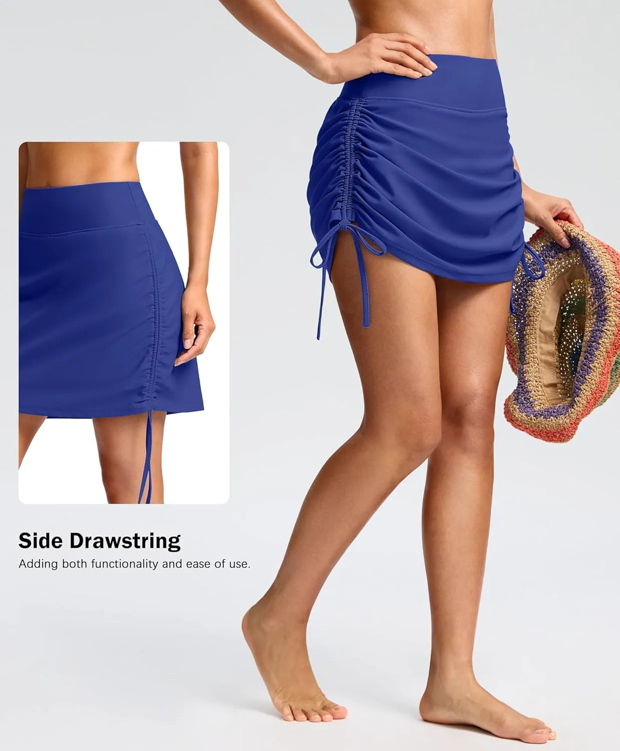 SANTINY Women's High Waisted Swim Skirt Pocket Tummy Control Adjustable Side Drawstring Swimsuit Skirt Bathing Suit Bottoms