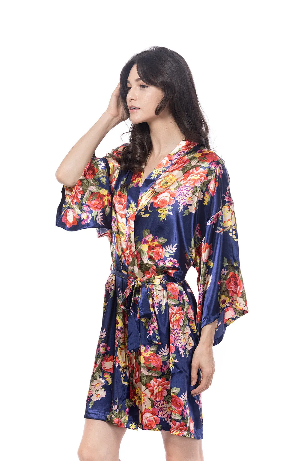 Satin Floral Blossom Robe Navy Blue