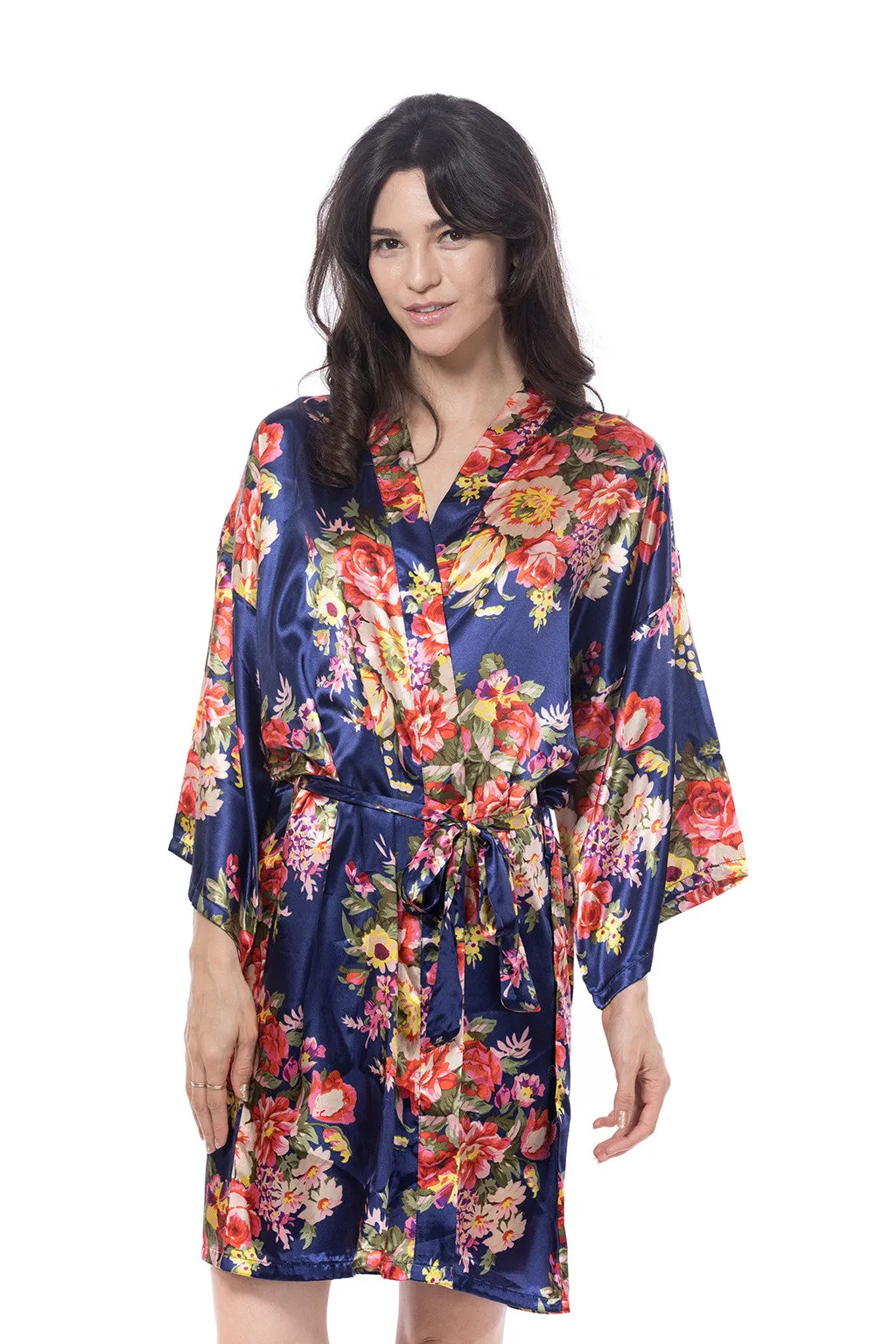 Satin Floral Blossom Robe Navy Blue