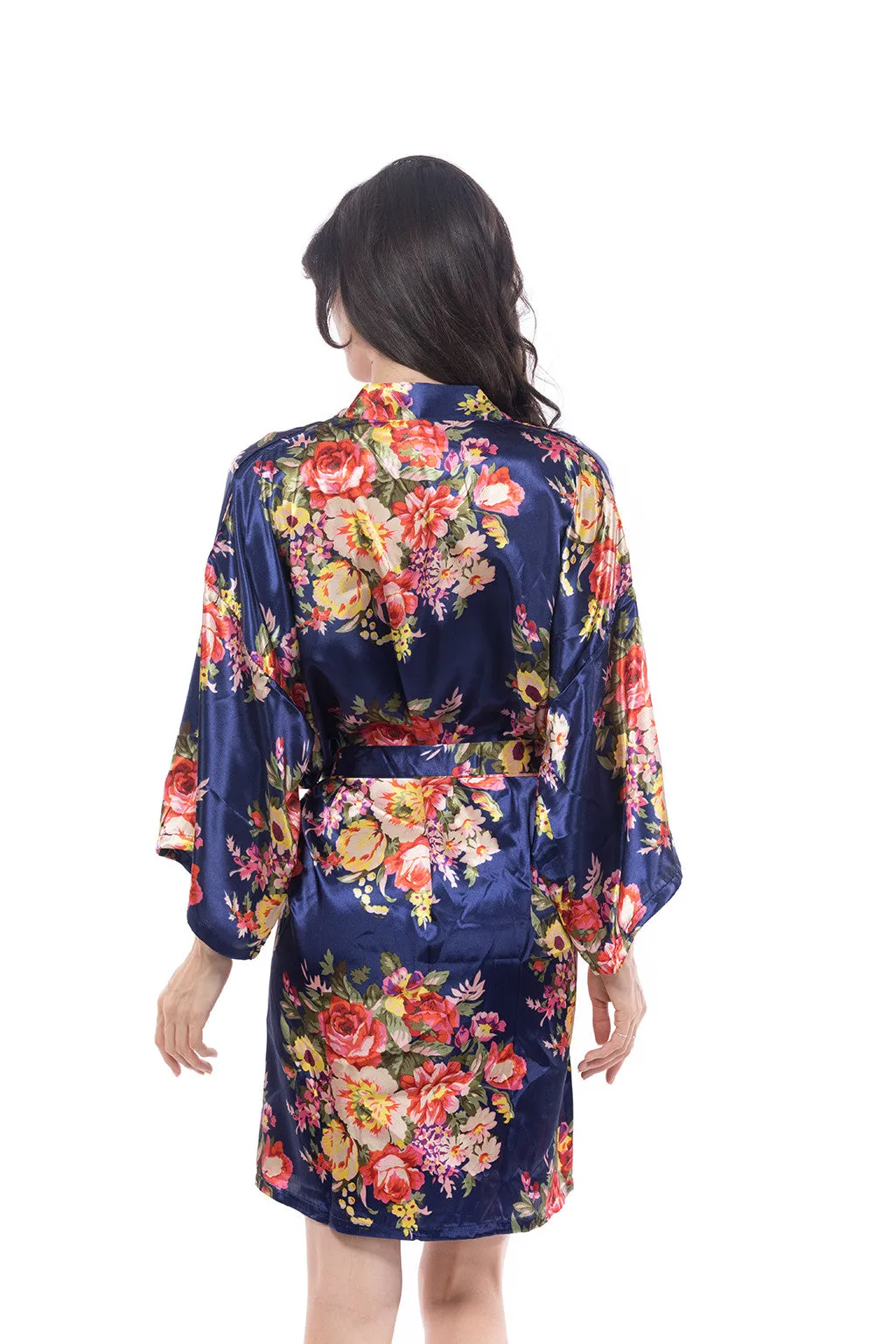 Satin Floral Blossom Robe Navy Blue