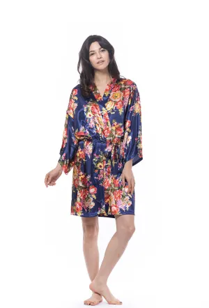 Satin Floral Blossom Robe Navy Blue