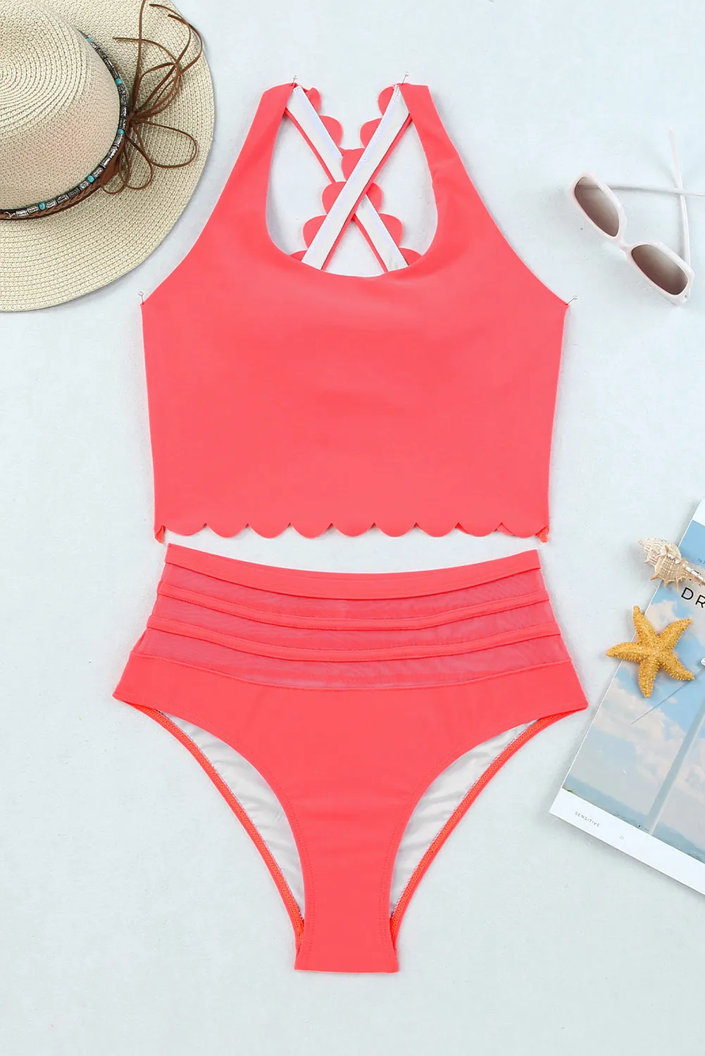 Scalloped Cross High Waist Bikini