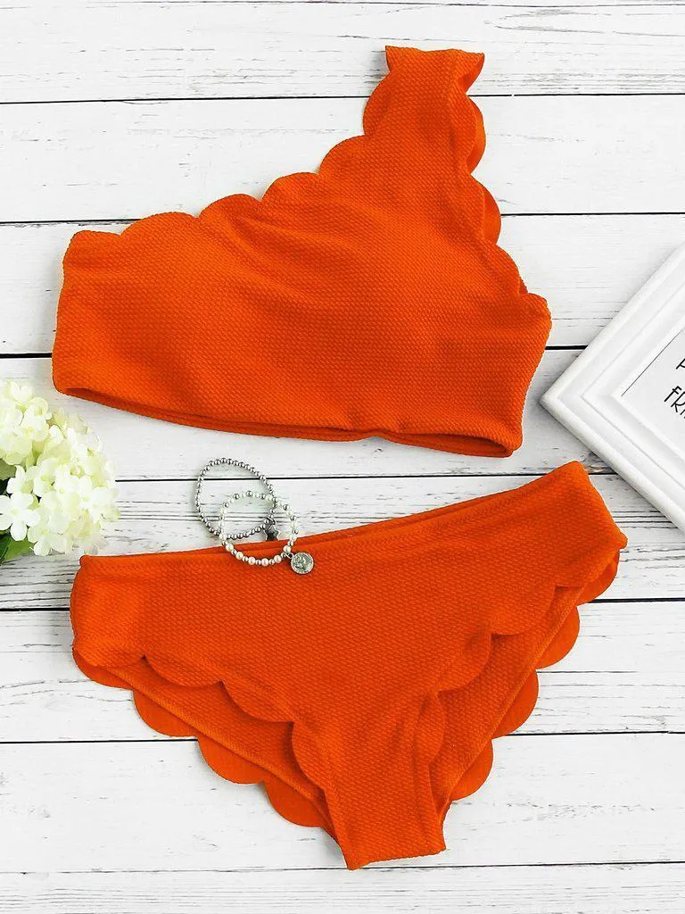 Scalloped Trim One Shoulder Bikini Set