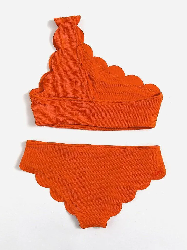 Scalloped Trim One Shoulder Bikini Set