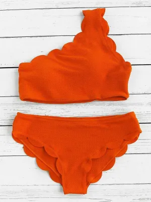 Scalloped Trim One Shoulder Bikini Set