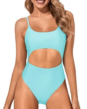 Scoop Neck High Waisted Sexy Cutout One Piece Swimsuits-Light Blue