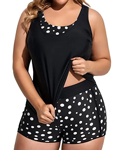 Scoop Neck Plus Size Tankini With Padded Bra And Boyshorts For Women-Black Dot