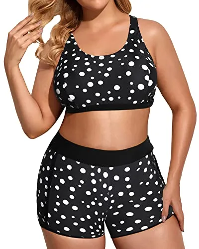Scoop Neck Plus Size Tankini With Padded Bra And Boyshorts For Women-Black Dot