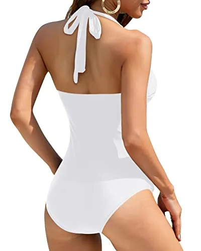 Self-Tie Halter Neck Slimming One Piece Swimsuits-White