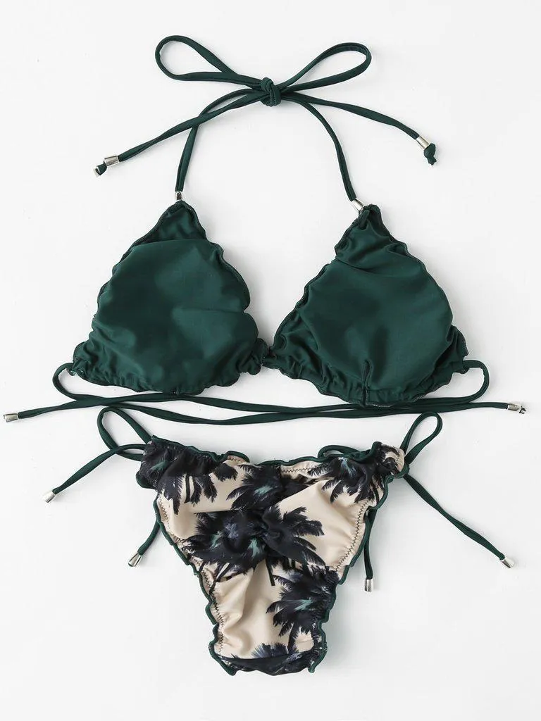 Self Tie Palm Print Bikini Set