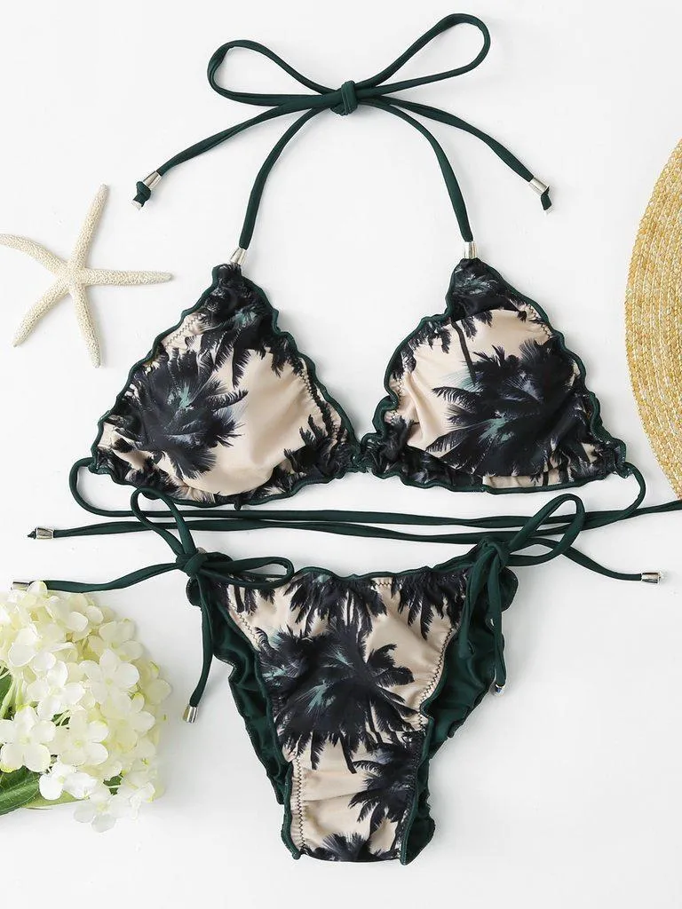 Self Tie Palm Print Bikini Set