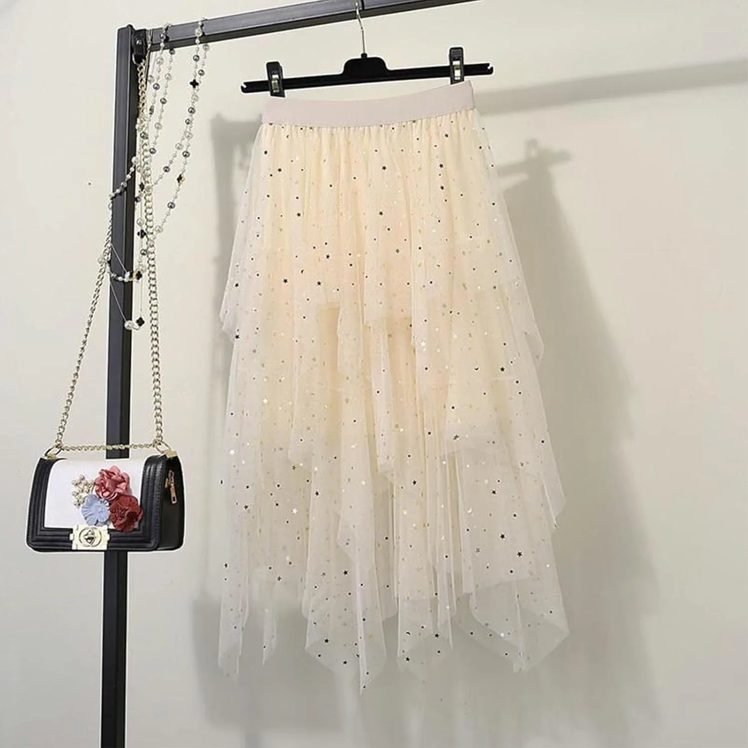 Sequin Tulle Skirts for Women Irregular Layered Sparkly Tutu Skirt Elastic High Waist A-Line Skirt