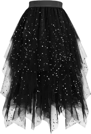 Sequin Tulle Skirts for Women Irregular Layered Sparkly Tutu Skirt Elastic High Waist A-Line Skirt