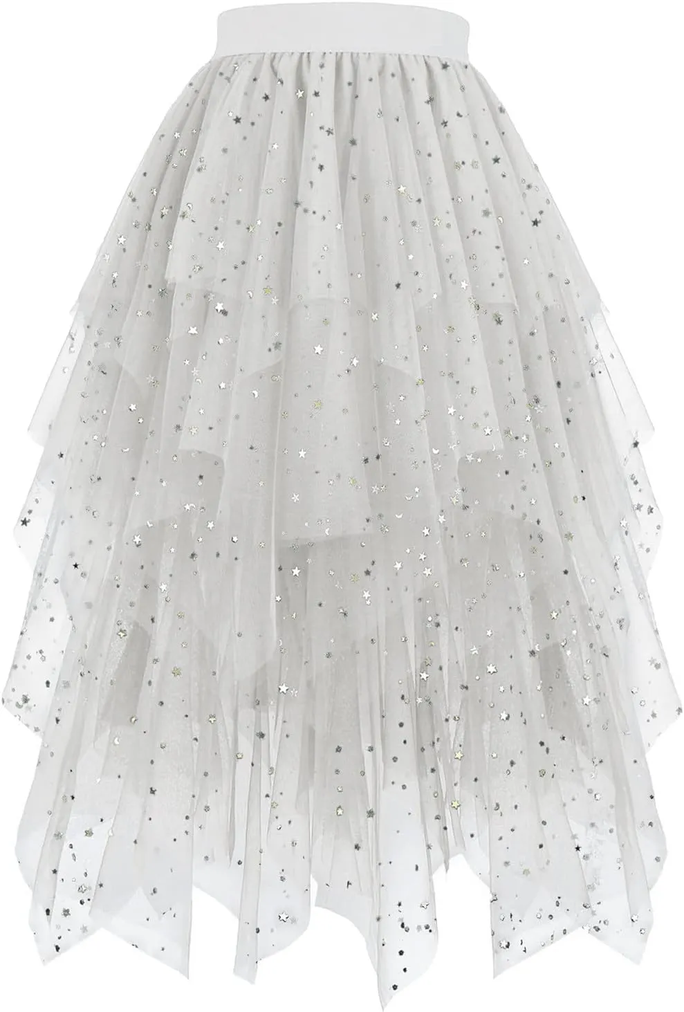 Sequin Tulle Skirts for Women Irregular Layered Sparkly Tutu Skirt Elastic High Waist A-Line Skirt