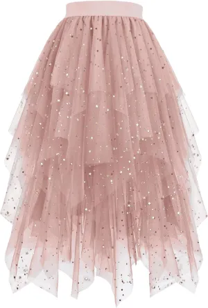 Sequin Tulle Skirts for Women Irregular Layered Sparkly Tutu Skirt Elastic High Waist A-Line Skirt