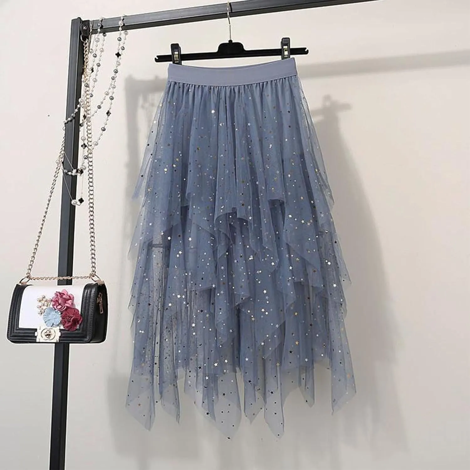 Sequin Tulle Skirts for Women Irregular Layered Sparkly Tutu Skirt Elastic High Waist A-Line Skirt