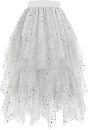 Sequin Tulle Skirts for Women Irregular Layered Sparkly Tutu Skirt Elastic High Waist A-Line Skirt