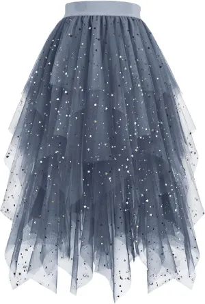 Sequin Tulle Skirts for Women Irregular Layered Sparkly Tutu Skirt Elastic High Waist A-Line Skirt