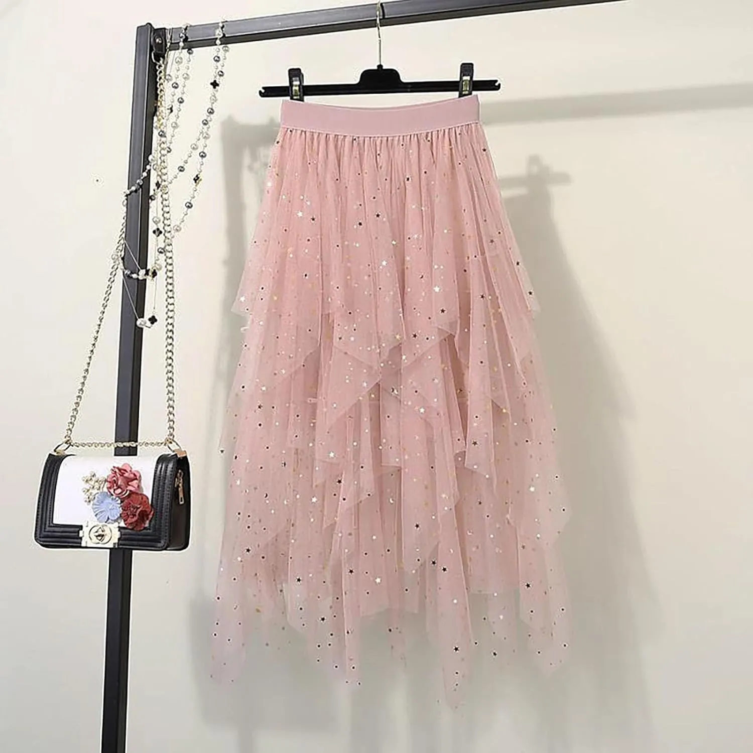 Sequin Tulle Skirts for Women Irregular Layered Sparkly Tutu Skirt Elastic High Waist A-Line Skirt