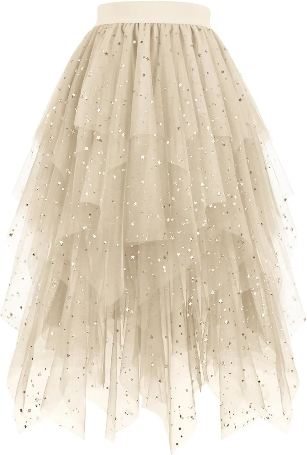 Sequin Tulle Skirts for Women Irregular Layered Sparkly Tutu Skirt Elastic High Waist A-Line Skirt