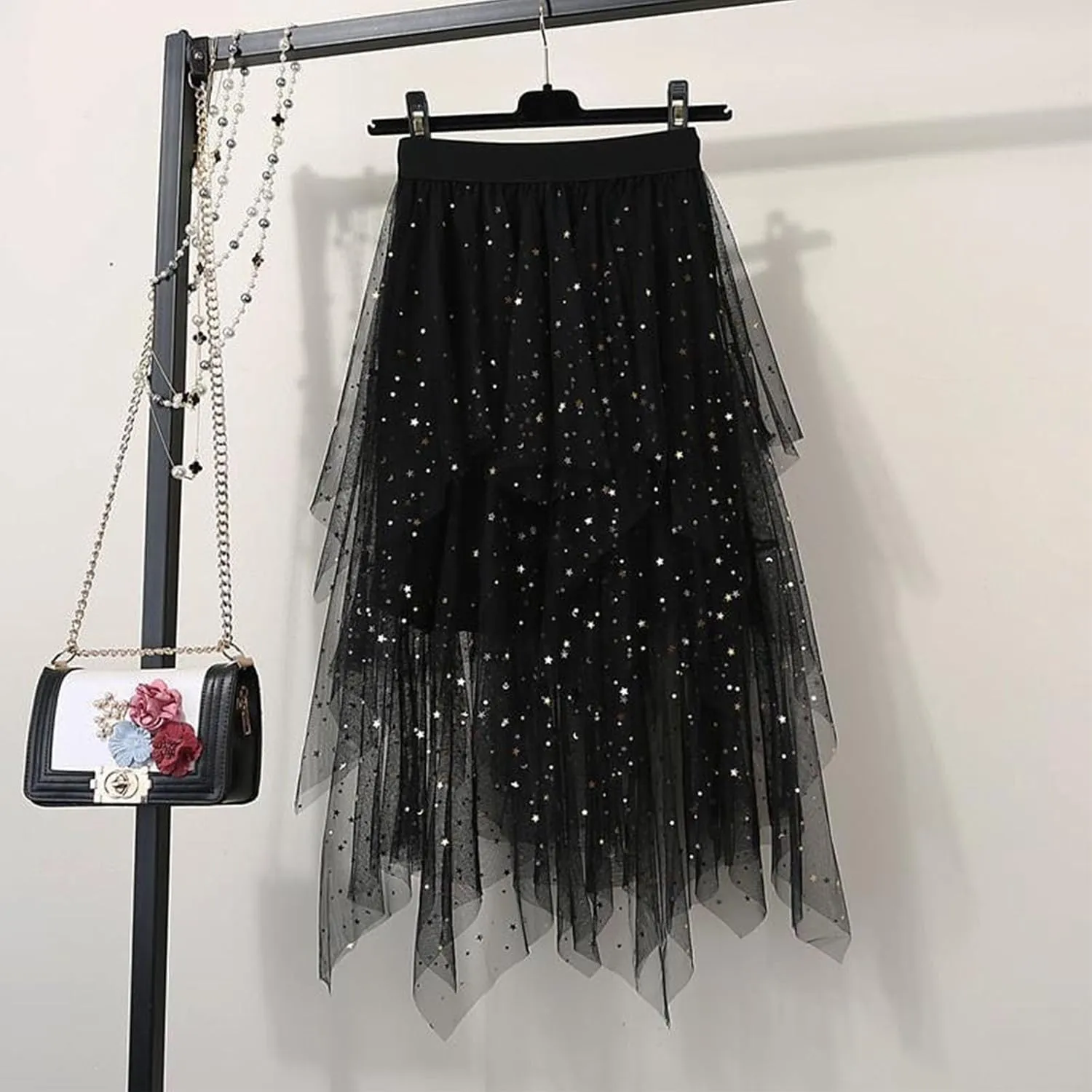 Sequin Tulle Skirts for Women Irregular Layered Sparkly Tutu Skirt Elastic High Waist A-Line Skirt